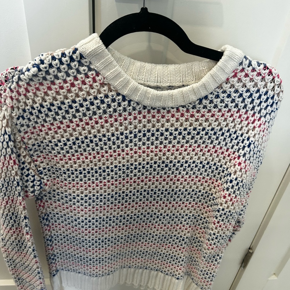 Reitmans Cream Knit Sweater with Navy and Pink Stripes
